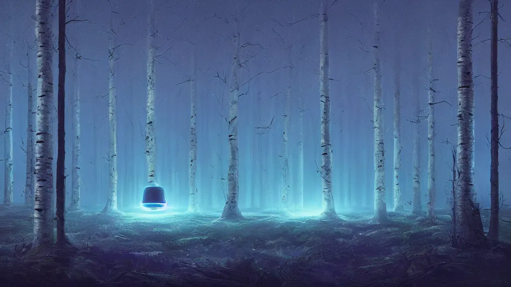 Prompt: matte painting glowing spaceship in clearing in birch Forest at night. Forest is lit by eerie blue glow. Ufo. Digital painting. Beeple. Noah Bradley. Cyril Roland trending on artstation.