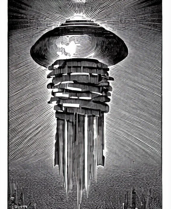 Prompt: alien mothership beaming up books on white background, art by james o barr and albrecht durer, woodblock print, engraved, black and white, vector, vector art