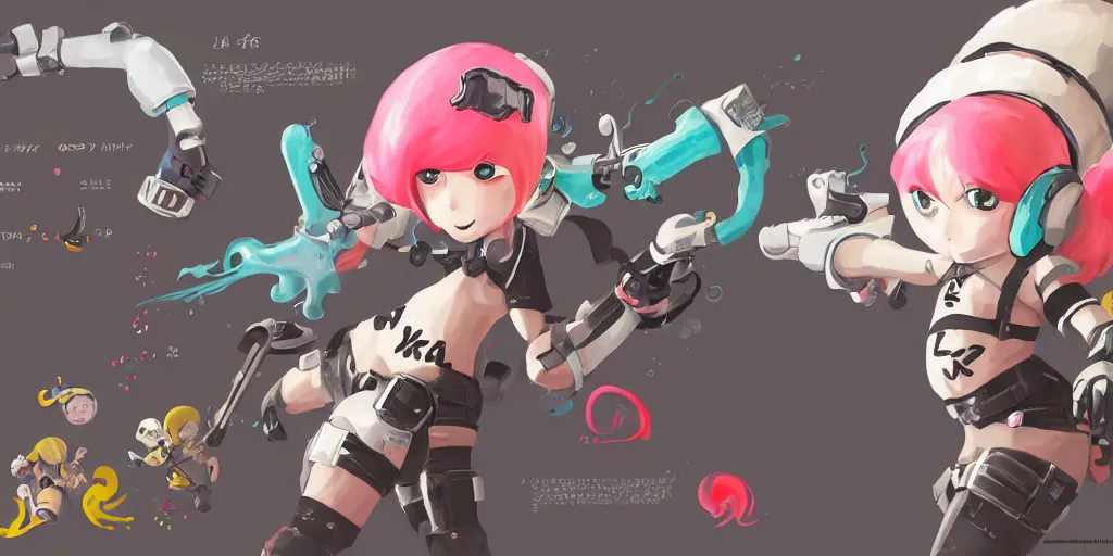 Image similar to splatoon nintendo one character digital painting no blur, concept art, character sheet nier automata 2 d, yoji shinkawa, yoshitaka amano, tsutomu niehi, cyberpunk, trending on artstation, featured on pixiv, hyper detail, cinematic composition, 8 k