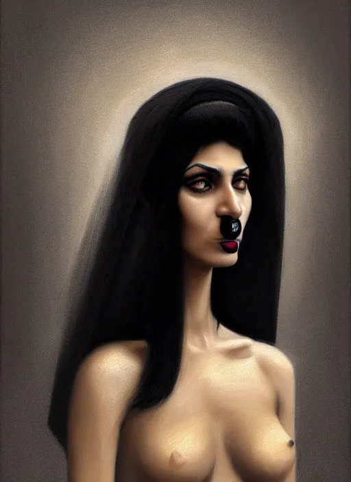 Prompt: portrait of an egyptian woman with a crooked nose and a confident expression, 1 9 6 0 s, black clothes, goth, punk, funk, intricate, elegant, highly detailed, digital painting, artstation, concept art, smooth, sharp focus, illustration, art by wlop, mars ravelo and greg rutkowski