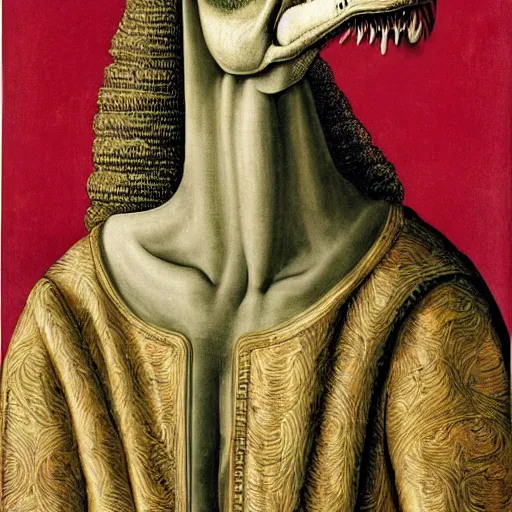 Image similar to portrait of an anthropomorphic tyrannosaurus rex, dressed as an italian noble, sandro bottecelli, 1 5 0 0