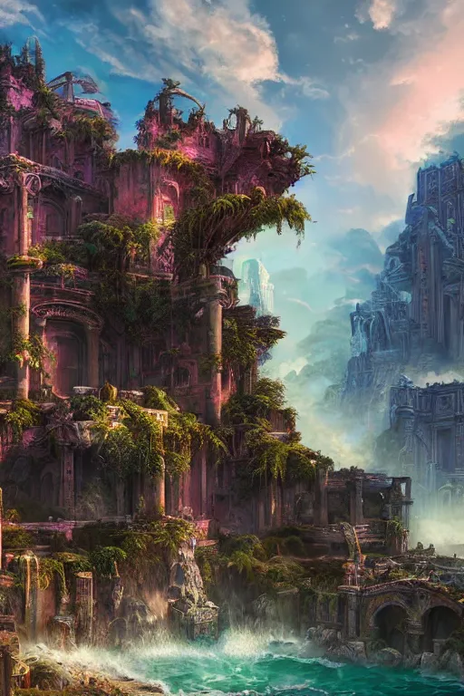 Image similar to beautiful matte painting vaporwave, fantasy ruins skyline background painted, intricate, volumetric lighting, beautiful, rich deep colors masterpiece, sharp focus, ultra detailed by