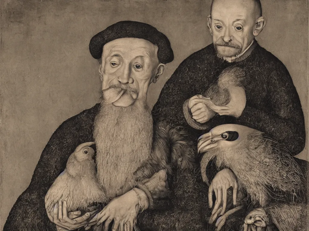 Image similar to Old man with crane bird. Portrait by Lucas Cranach, Roger Ballen