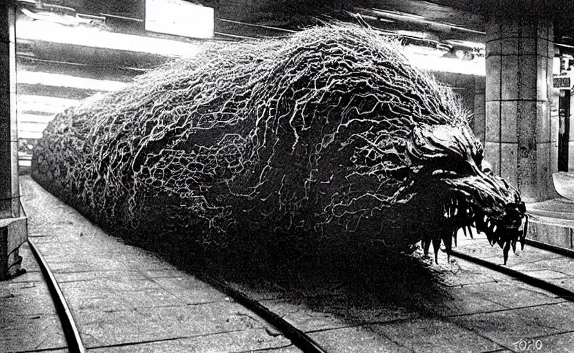 Image similar to very large giant mutant zombie irradiated ( angry rat ) staying on railways in tonnel of moscow subway. tonnel, railways, giant angry rat, furr, fangs, claws, very realistic. extreme long shot, wide angle, herman nitsch and herman nitsch, giger.