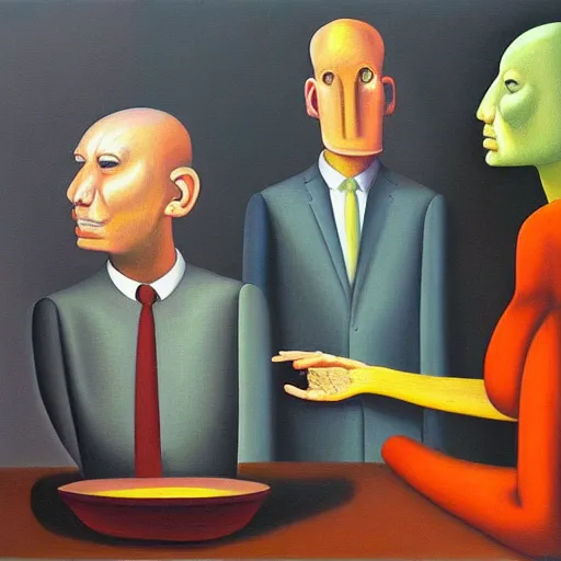 Image similar to people with empty bowl heads, blank stares, dystopian, pj crook, edward hopper, oil on canvas