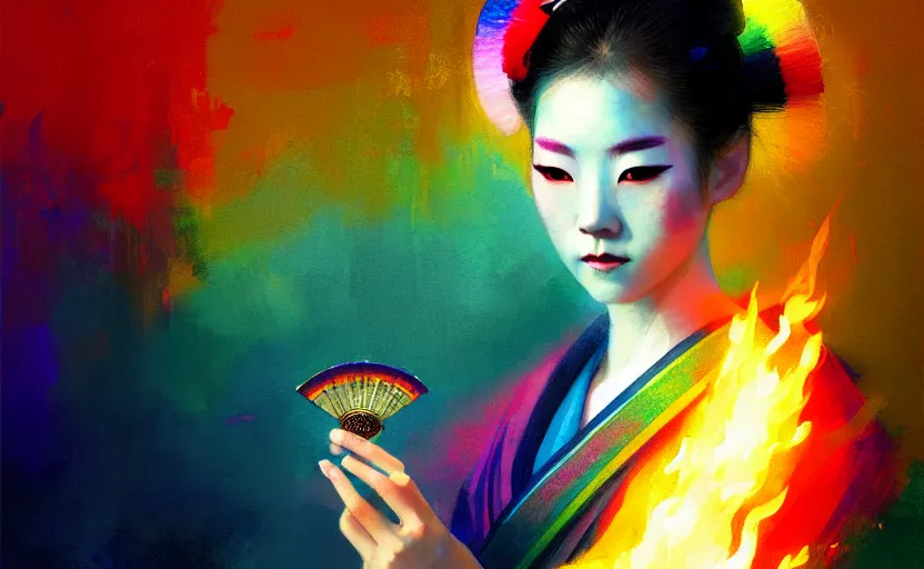 Image similar to female geisha girl holding a flame of rainbow, beautiful face, colourful, rule of thirds, thousands of colors, intricate outfit, spotlight, by greg rutkowski, by jeremy mann, digital painting