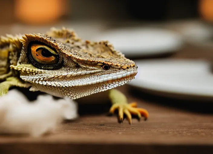 Image similar to dslr portrait still of a bearded dragon eating a slice of cheesecake, 8 k 8 5 mm f 1. 4