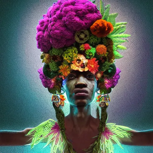 Image similar to an african marijuanna shaman with an afro made of flowers, third eye art art by machina infinitum, complexity from simplicity, rendered in octane, mandelbulb 3 d, ambient occlusion, macro photography, felt!!! texture, tribal, neon! retrowave