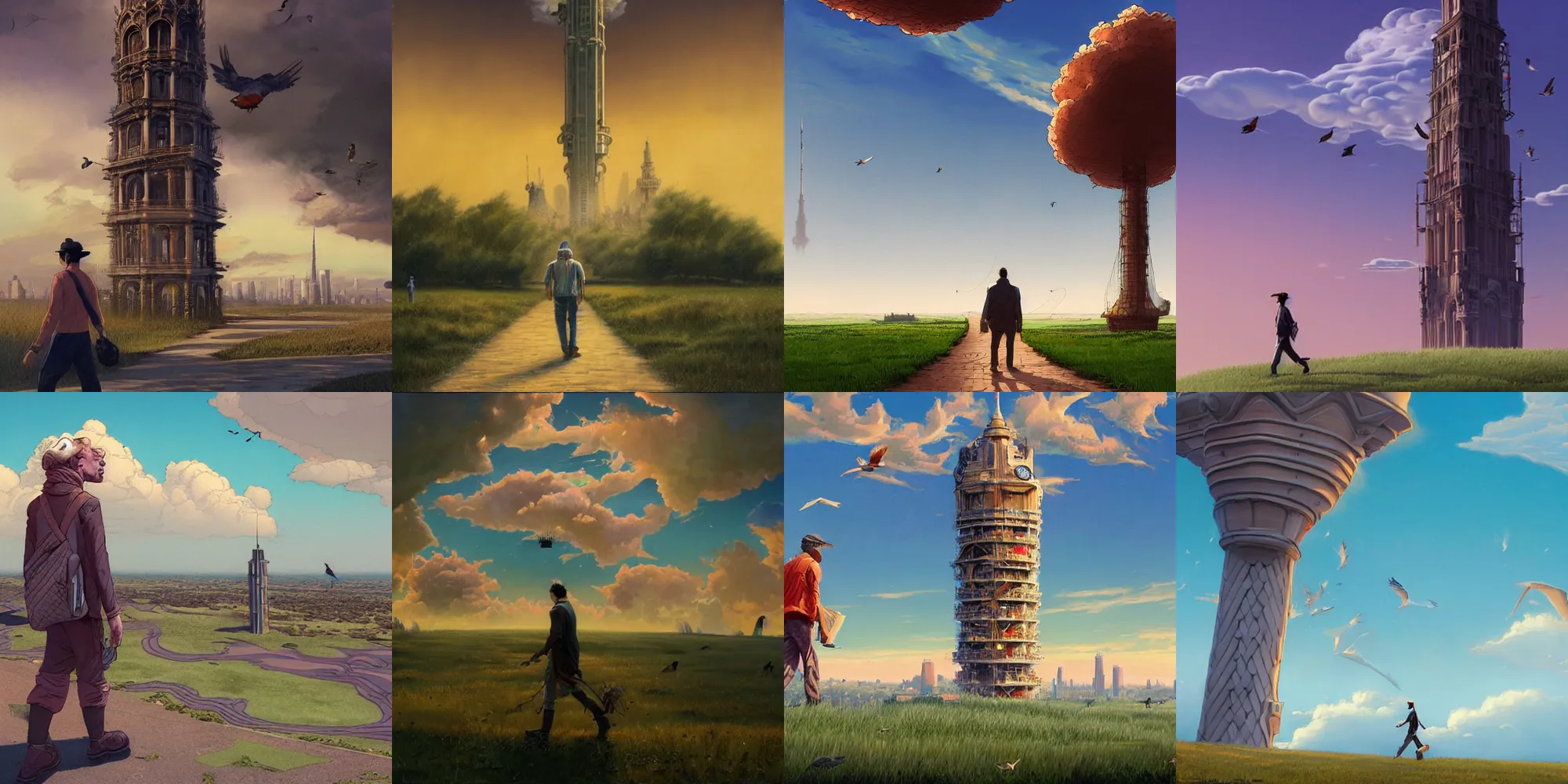 Prompt: a man walks towards a tower, majestic clouds and birds in the background, art by Mœbius and Esao Andrews, high detail, cinematic, cgsociety 8k