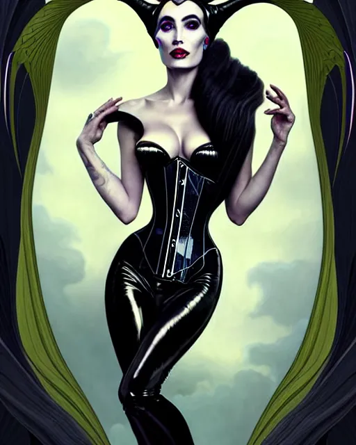 Image similar to new art nouveau portrait of fantasy succubus maleficent megan fox wearing a latex corset, anna dittmann, moebius, wlop, artgerm, patrick nagle, charlie bowater and loish. long windblown hair, very large, clear, expressive, and intelligent eyes, ultrasharp focus, dramatic lighting, photorealistic digital matte painting, intricate.