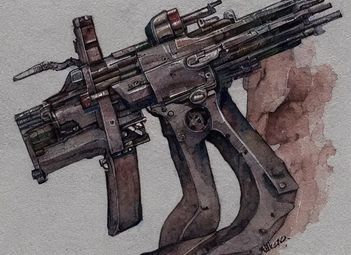 Image similar to concept art of a rifle futuristic weapon, fantasy, steampunk, pinterest, artstation trending, behance, watercolor, by coby whitmore, silver, laser light,