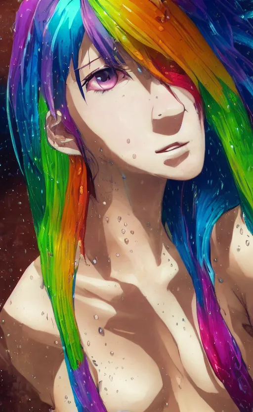 Prompt: anime grungy woman with rainbow hair, drunk, angry, soft eyes and narrow chin, dainty figure, long hair straight down, torn overalls, basic white background, side boob, in the rain, wet shirt, symmetrical, single person, style of by Jordan Grimmer and greg rutkowski, crisp lines and color,