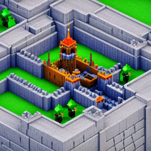 Image similar to isometric castle with moat and drawbridge under siege, isometric voxel art, magicavoxel, cgsociety, artstation