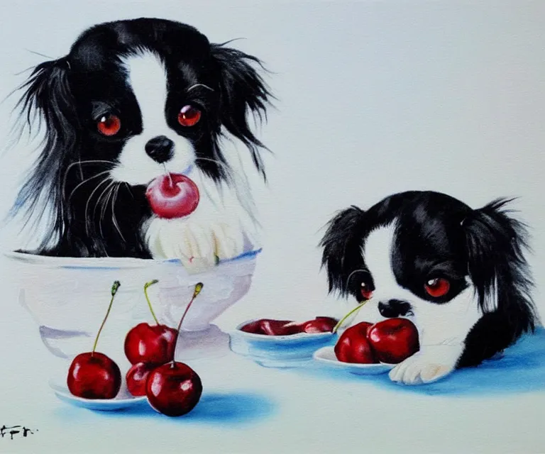 Image similar to white and black japanese chin dog eating cherry muffins, water painting