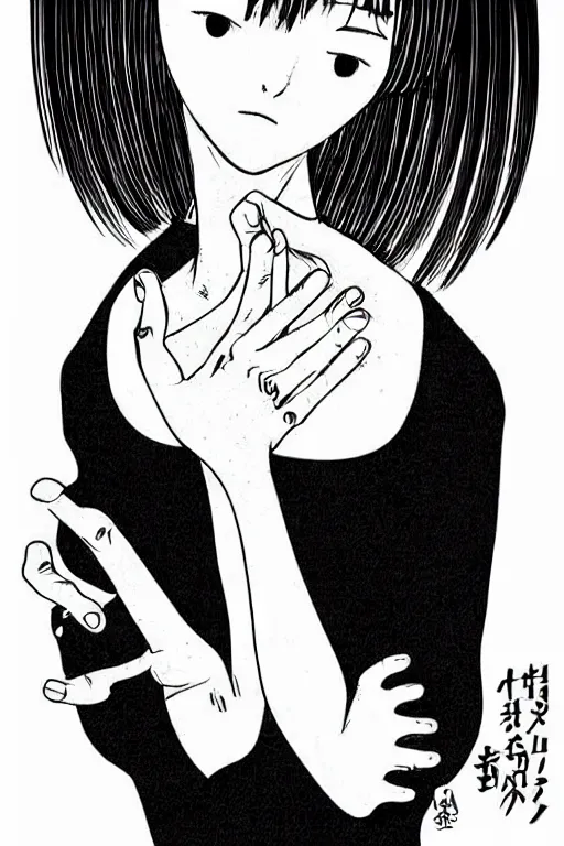 Image similar to portrait of a girl in long pants and a top, hands in pockets, eyes closed, red color heart shaped tattoo on the right hand, bob haircut, digital art, black and white, minimalistic illustration by junji ito and kaoru mori