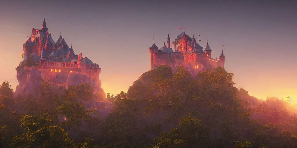 Prompt: a highly detailed photo of an cel - shaded castle surrounded by a mist shot during sunset on 3 0 mm film painted by alena aenami, rendered in unreal engine