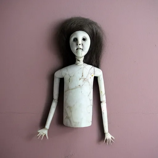 Image similar to doll head with spider legs, marble sculpture