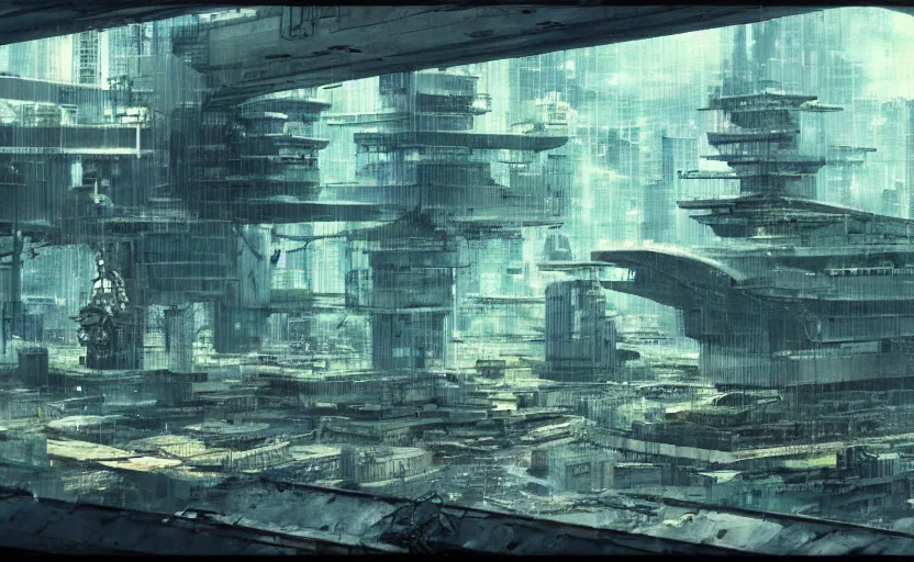 Prompt: a large building on the coast of japan. in the style of gits mamoru oshii.