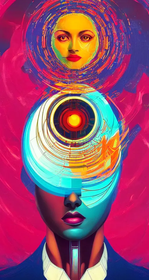 Image similar to art deco close up portait of head surrounded by spheres, like a dream digital painting cinematic dramatic fluid lines otherworldly vaporwave interesting details rule of thirds epic composition by artgerm basquiat