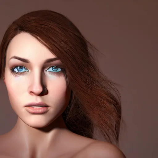 Prompt: portrait of beautiful woman. perfect face. voluptuous. brown hair. blue eyes. shy. srunning. gorgeous. 4 k. highly detailed. jaw dropping. dynamic lighting. dramatic light. accent lighting. award winning photography. octane render.
