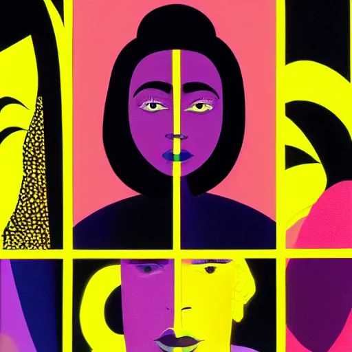 Image similar to closeup portrait of a black woman with yellow eyes and a rainbow background, digital art by tomokazu matsuyama, by ed paschke, by agnes pelton, by patrick nagel, behance contest winner, generative art, irridescent, holography, neon, dark art, retrowave, grain, androgynous, black background