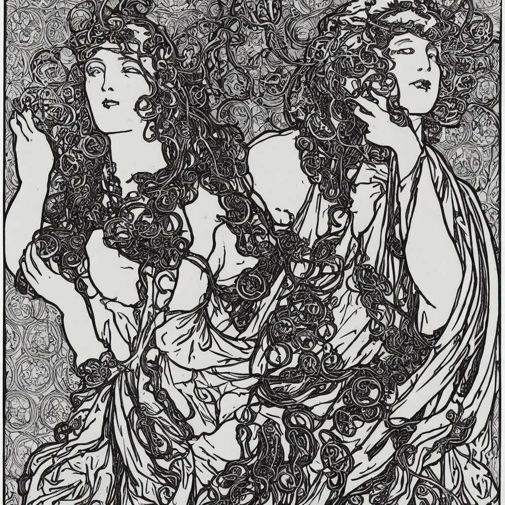 Image similar to a monochromatic art nouveau, engraving by Mucha, engraving by Beardsley