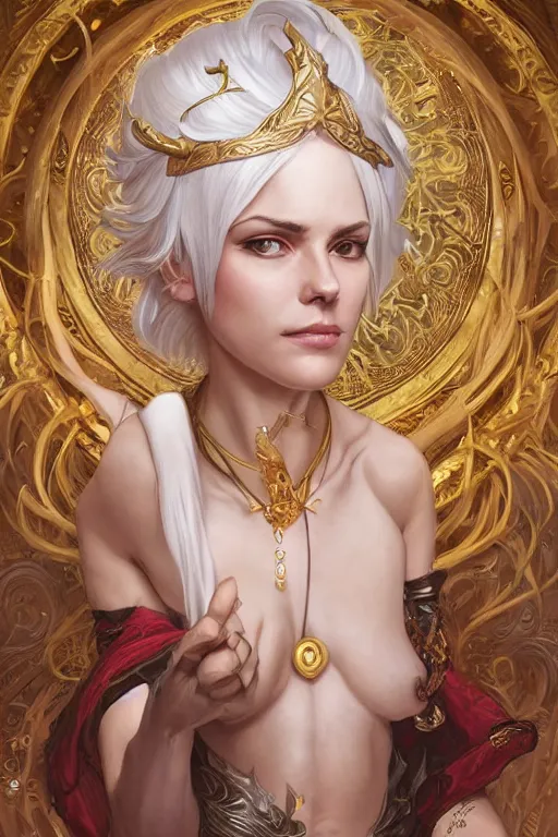 Image similar to fullbody!! beautiful woman with white hair, big natural horns on her head, gold jewellery, dnd, face, fantasy, intricate, elegant, highly detailed, digital painting, artstation, concept art, smooth, sharp focus, illustration, art by artgerm and greg rutkowski and alphonse mucha