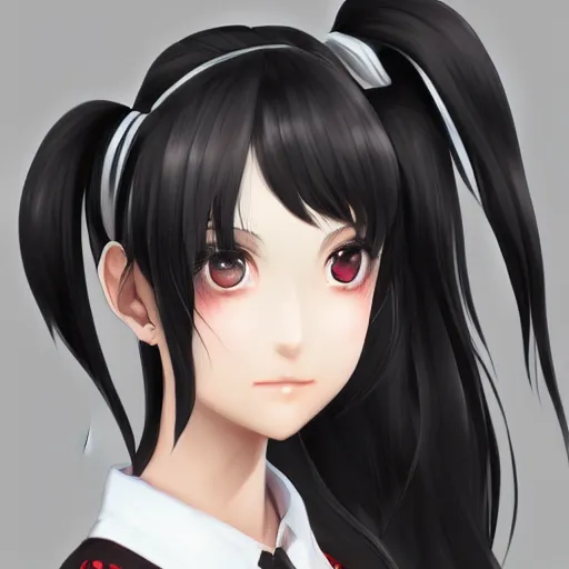 Image similar to astonishing portrait of a very beautiful anime high-school girl with black hair ponytail, white ribbon, full perfect face, realistic, highly detailed background, artstation, 120 degree view, drawn by Sasoura, Satchely and Akihiko Yoshida, no distortion