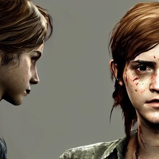 Image similar to TLOU The Last Of Us Screenshot emma watson as ellie from The Last Of Us full body fashion model emma watson very rusty very worn out very torn texture