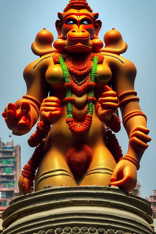 Image similar to high quality 3 d cyberpunk biomorphic hanuman! head building in the middle of mumbai!!, kalighat highly detailed, cinematic smooth, stephen shore & john j. park, soft morning light, wide shot, high angle, uhd 8 k, sharp focus