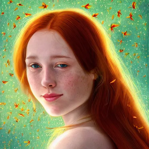 Image similar to a highly detailed, hyper realistic, red haired young woman, among golden fireflies, with long hair, green eyes, hint of freckles, gentle face, tilted head, cheeky smile, deep focus, elegant, digital painting, smooth, sharp focus, golden ratio, illustration, ultra realistic, 8 k, art by artgerm and caravaggio