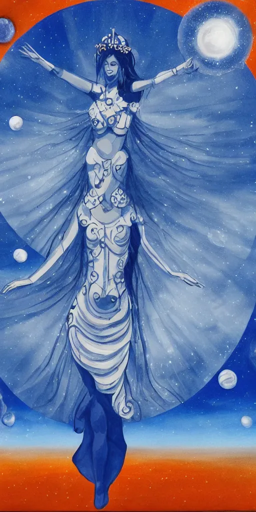 Image similar to full body of princess of mars theme inspired wearing blue and white carved details moving dress, she is floating in the air, planet mars in the background, open sky, highly detailed, mystical, little orange fog, circle forms, iper realistic, paint on canvas