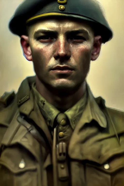 Prompt: hyperrealist portrait of a ww 2 soldier by jeremy mann and alphonse mucha, photo realistic, dynamic lighting, artstation, poster, volumetric lighting, very detailed faces, 4 k, award winning