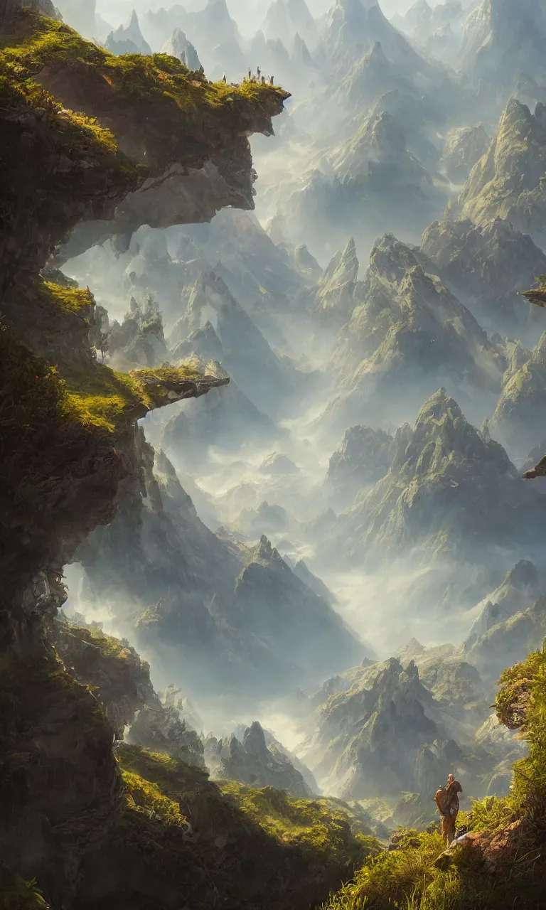 Prompt: an oil art view from a cliff looking out to a fantasy mountain landscape, 4 k, ultra detail, volumetric lighting, unreal engine, octane render, tom bagshaw, andreas rocha