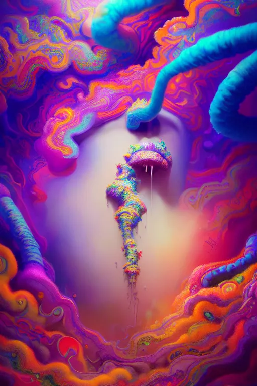 Image similar to colorful liquid smoke and clouds forming detailed faces, extremely colorful psychedelic experience, dmt, psilocybin, lsd, intricate, elegant, highly detailed, digital painting, artstation, smooth, sharp focus, illustration, art by krenz cushart, hana yata, octane render, unreal engine, 8 k