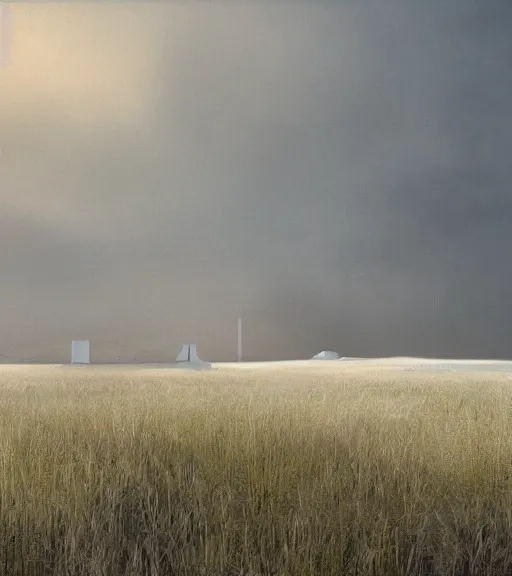 Image similar to andrei tarkovsky scene, a matte painting of a white stepped architecture in the mining tailings in the desert, biroremediation, prairie, cottage town, foggy, patchy flowers, oil painting, pale colors, high detail, 8 k, wide angle, trending on artstation, behance