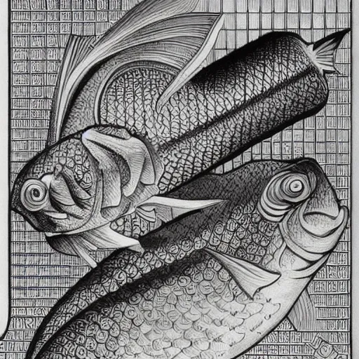 Prompt: an ornate illustration in the style of mandalic escher, depicting a fish from the side