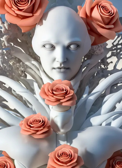 Image similar to biomechanical white marble statue made of corals, daisies, roses, well contoured smooth fair walls spraying perfume bottle, up close shot, sharp focus, global illumination, radiant light, alexandre ferra white mecha, irakli nadar, octane highly render, 4 k, ultra hd,