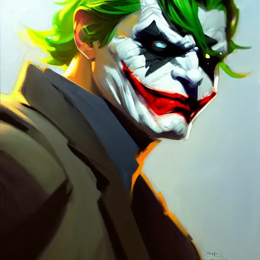 Image similar to Greg Manchess portrait painting of Joker as Overwatch character, medium shot, asymmetrical, profile picture, Organic Painting, sunny day, Matte Painting, bold shapes, hard edges, street art, trending on artstation, by Huang Guangjian and Gil Elvgren and Sachin Teng