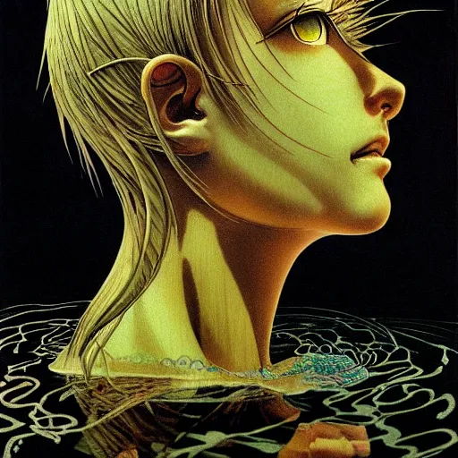 Image similar to prompt: Fragile looking vessel portrait face drawn by Katsuhiro Otomo, nymph in the water performing alchemy, intricate oil painting, soft dark light, intricate detail, intricate oil painting detail, sharp high detail, manga and anime 2000