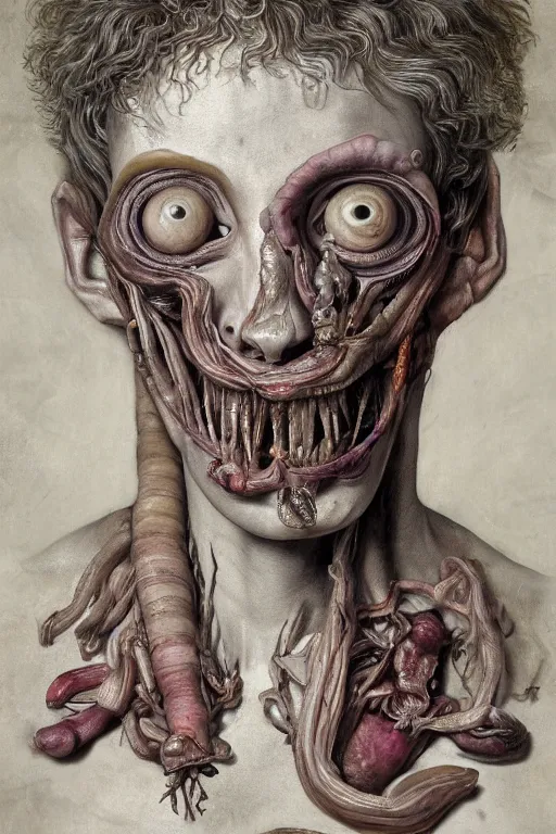 Image similar to Detailed maximalist portrait of a greek god with large lips and eyes, scared expression, botanical anatomy, skeletal with extra flesh, HD mixed media, 3D collage, highly detailed and intricate, surreal illustration in the style of Jenny Saville, dark art, baroque, centred in image