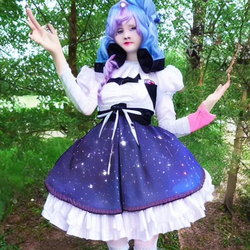 Prompt: A space-themed lolita outfit ; the fabric has pictures of galaxies moons and stars on it. A beautiful lolita dress, Angelic Pretty