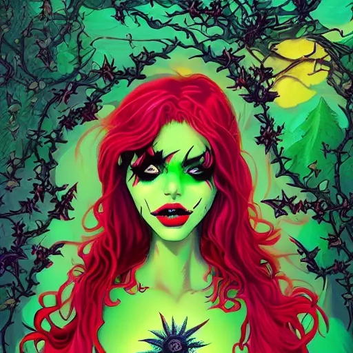 Image similar to the second coming of poison ivy as a goth girl, by dan mumford and ross tran, cosmic, heavenly, god rays, intricate detail, cinematic, 8 k, cel shaded, unreal engine, featured on artstation, pixiv