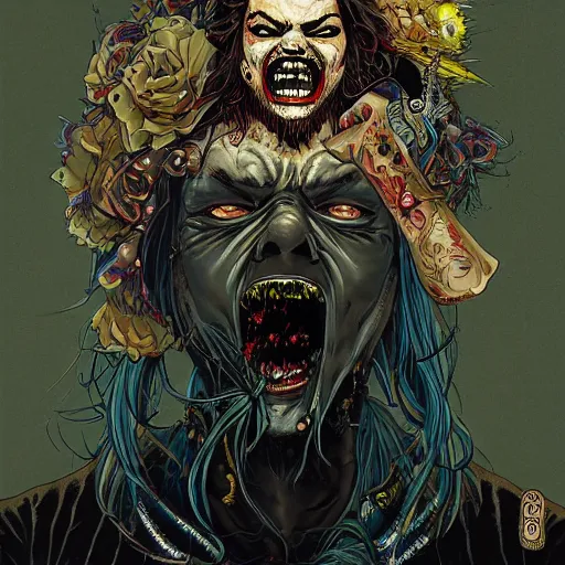 Prompt: portrait of crazy post malone zombie, with cowboy hat, symmetrical, glamour, by yoichi hatakenaka, masamune shirow, josan gonzales and dan mumford, ayami kojima, takato yamamoto, barclay shaw, karol bak, yukito kishiro