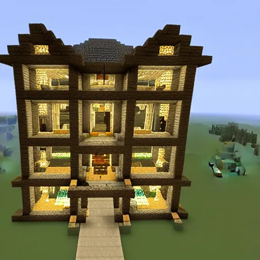 Image similar to Minecraft mansion, four stories, lit with glowstone, lots of windows