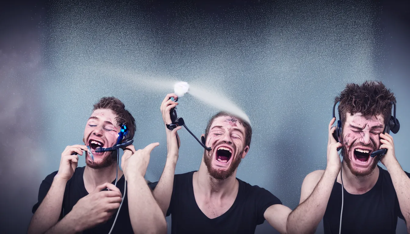 Image similar to hyper realistic photo of a call centre, a celtic weathered young man, aesthetic! women, laughter and screaming face, feedback loop, burst of powders, spraying liquid, volumetric lighting, twisting vapour, bellowing dust, full colour, upscale, 8 k