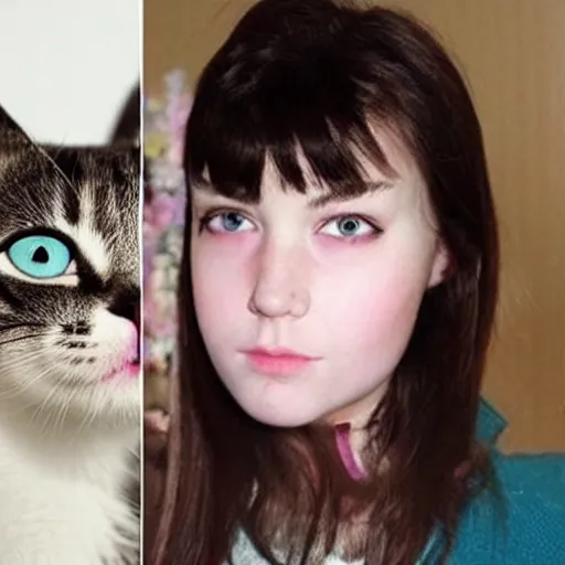 Image similar to uncanny mix between girl and cat