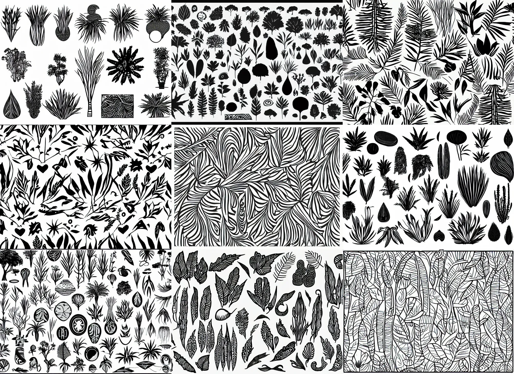 Prompt: vegetation aboriginal clean shapes by bauhaus, tribal, sprite sheet, b & w, vector