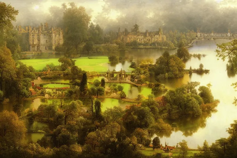 Image similar to aerial view of english stately home, lawns, gardens, lake, woodland, fantasy, carl spitzweg, g liulian, david curtis, christophe vacher, james paick