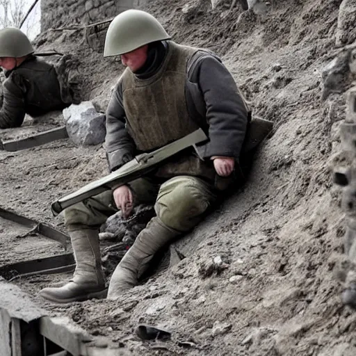 Prompt: Putin is sitting in the trenches and defending himself from Ukrainian troops, Constructivism Style